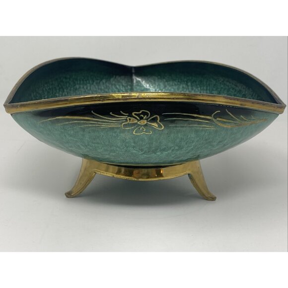 Vintage MCM Oppenheim Teal Green Enamel Triangular Footed Bowl Gold Brass Israel - Picture 4 of 9